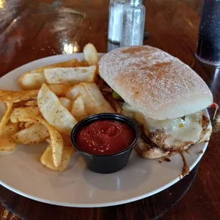 Chicken philly cheese steak and flat fries