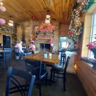 Inside, stone fireplace