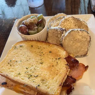 Turkey/Ham club, grape salad, and parm fries.