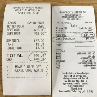 Our receipt showing the 3% charge for using a credit card.