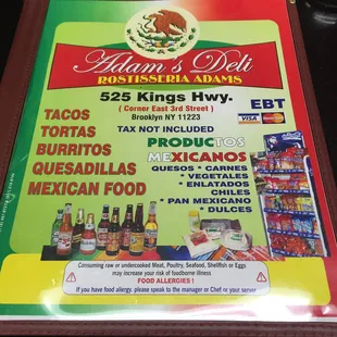 Adam&apos;s deli front of the menu from the restaurant