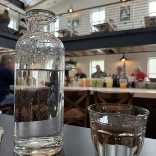 a bottle of water and a glass of water
