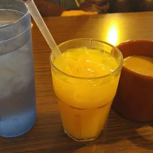Water, orange juice, coffee