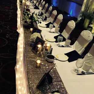 Custom table setup for wedding party during wedding reception.
