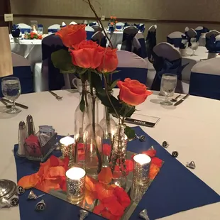 Custom table decorations for wedding reception.