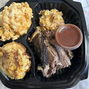 Beef brisket platter with 2 sides (mac n cheese and spoon bread) $20