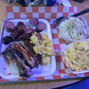 2 meat platter. Ribs, sausage coleslaw Mac and cheese and their spoon corn bread.