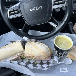 12-inch Trio with homemade chicken noodle soup. Can&apos;t see how much meat is there. I only eat half in one meal with either soup or chips.