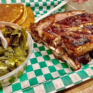 Smoked St. Louis Ribs collard greens and corn bread