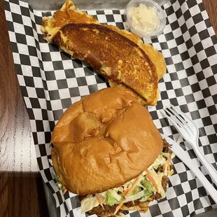 Pulled pork sandwich with Johnny cake side