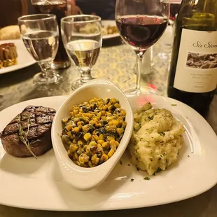 5 oz filet, poblano corn and garlic whipped potatoes.