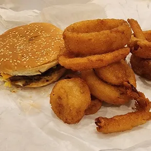 Cheeseburger and onion rings