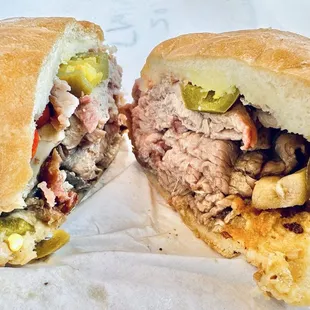 Prime Rib French Dip with mushrooms and jalapeños at Adamson's March 2023.