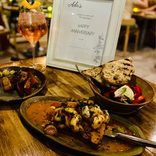 chili garlic shrimps (middle) - the Burrata (right)- and the duck fat potato wedges (left)
