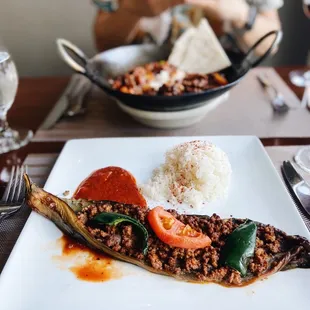 Sac Kavurma and Beef-Stuffed Eggplant (Karni yarik) at Ada&apos;s Restaurant in Phinney Ridge.