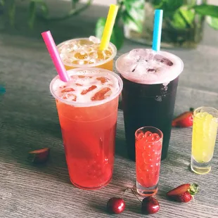 a variety of drinks on a table