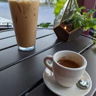On the left is an iced chai and on the right is a double shot espresso.