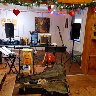 a music studio with a guitar case