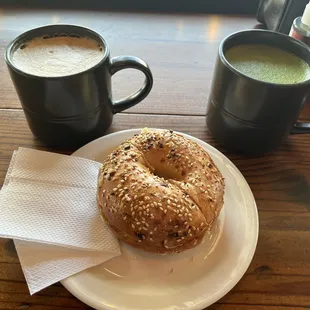 16 oz. Hot Matcha Green Tea Latte everything bagel with Egg &amp; Cheese.