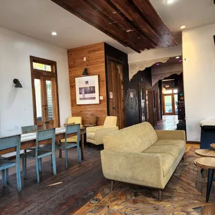 a coffee table and chairs