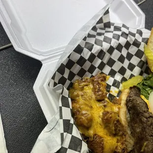 Bacon cheese burger and chille cheese tots