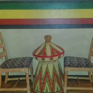 Two chairs and woven basket