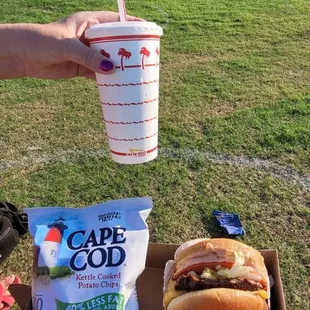 Excellent burger, with chips and a drink.  Free!