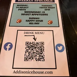 a drink menu with qr code