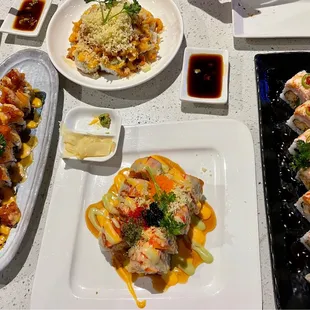 a variety of sushi dishes
