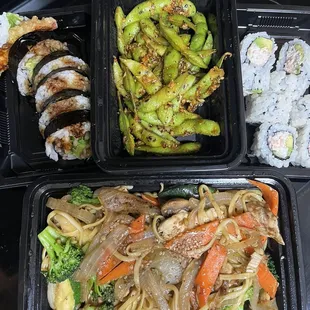 Shrimp Tempura Roll, Spicy Edamame, California Roll, Chicken Stir Fried Noodles