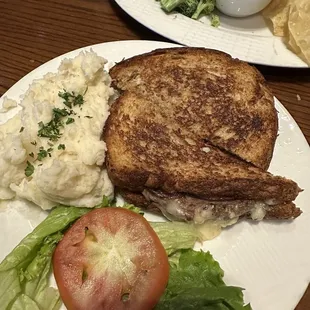 Patty melt with garlic smashed potatoes
