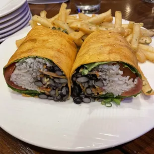 Black Bean and Thai Peanut Wrap with Mojito Fries.