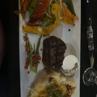 6 oz filet with grilled peppers and loaded mashed potatoes