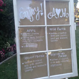 The menu Addy&apos;s Paella was able to create for us at our wedding.  Everything was amazing!