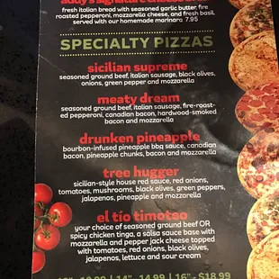 Pizza menu. Only available at Elkhorn location