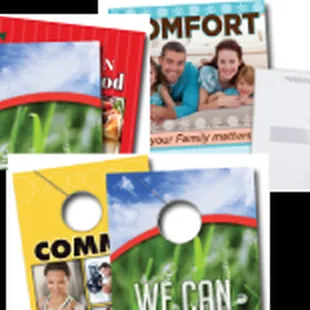 Custom printed door hangers - many innovative secure door hanger distribution styles available only at Adeas! Band-It, Stick &amp; Traditional