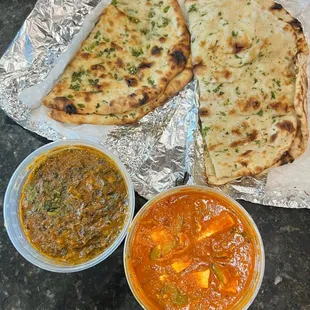 Saag Choley and Paneer Chilli with Garlic Naan