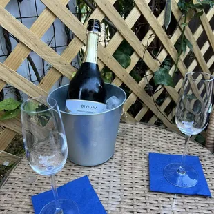 Enjoying Our sparkling wine on the outdoor patio in the back
