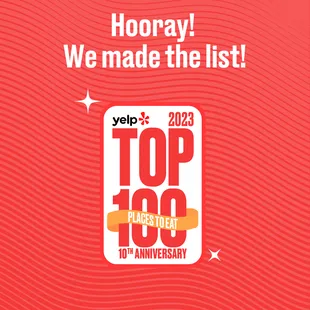We're excited to share that we've been named #5 on @Yelp's 2023 Top 100 Places to Eat in the US! Thank you to all of our customers and fans
