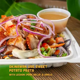 Okinawan Ube Sweet Potato Pasta with lechon (pork belly) &amp; garlic