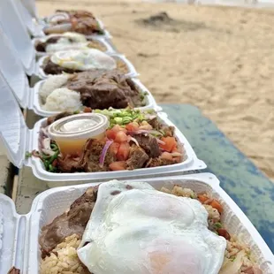 LOCO MOCO WITH FRIED RICE, ADOBONG LECHON KAWALI, LECHON (PORK BELLY) MALUNGGAY PASTA, BRAISED SHORT RIBS