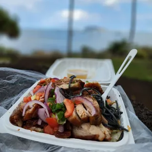 Sweet taro pasta topped with generous portions of lechon.