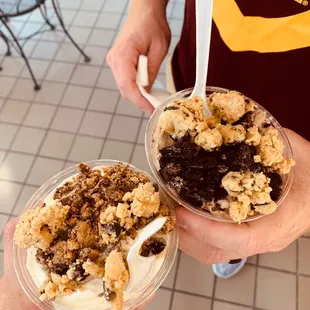 Vanilla with cookie dough and peanut butter cup  Chocolate with cookie dough and Oreo