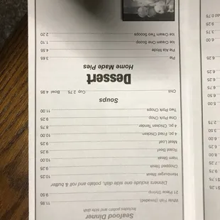 Dinner menu