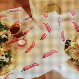 Beans and egg &amp; spinach tacos &amp; veggie Tostada