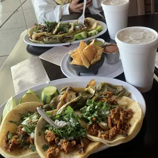 3 tacos al pastor, 3 tacos de asada, &amp; horchata