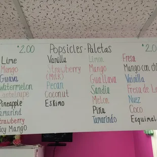 Paletas (Popsicles) menu