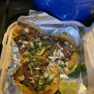 Birria tacos on corn tortillas
