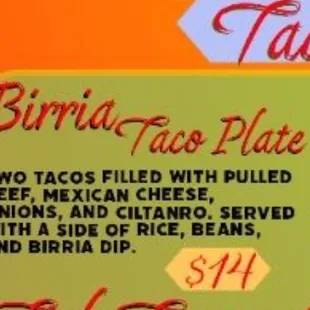 Birria taco plate description on the menu with price.