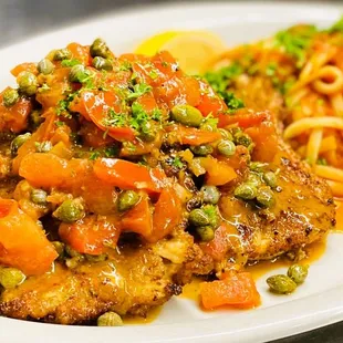 Chicken Milanese: Tomatoes, Lemon, Butter, Caper Sauce with Linguini Marinara